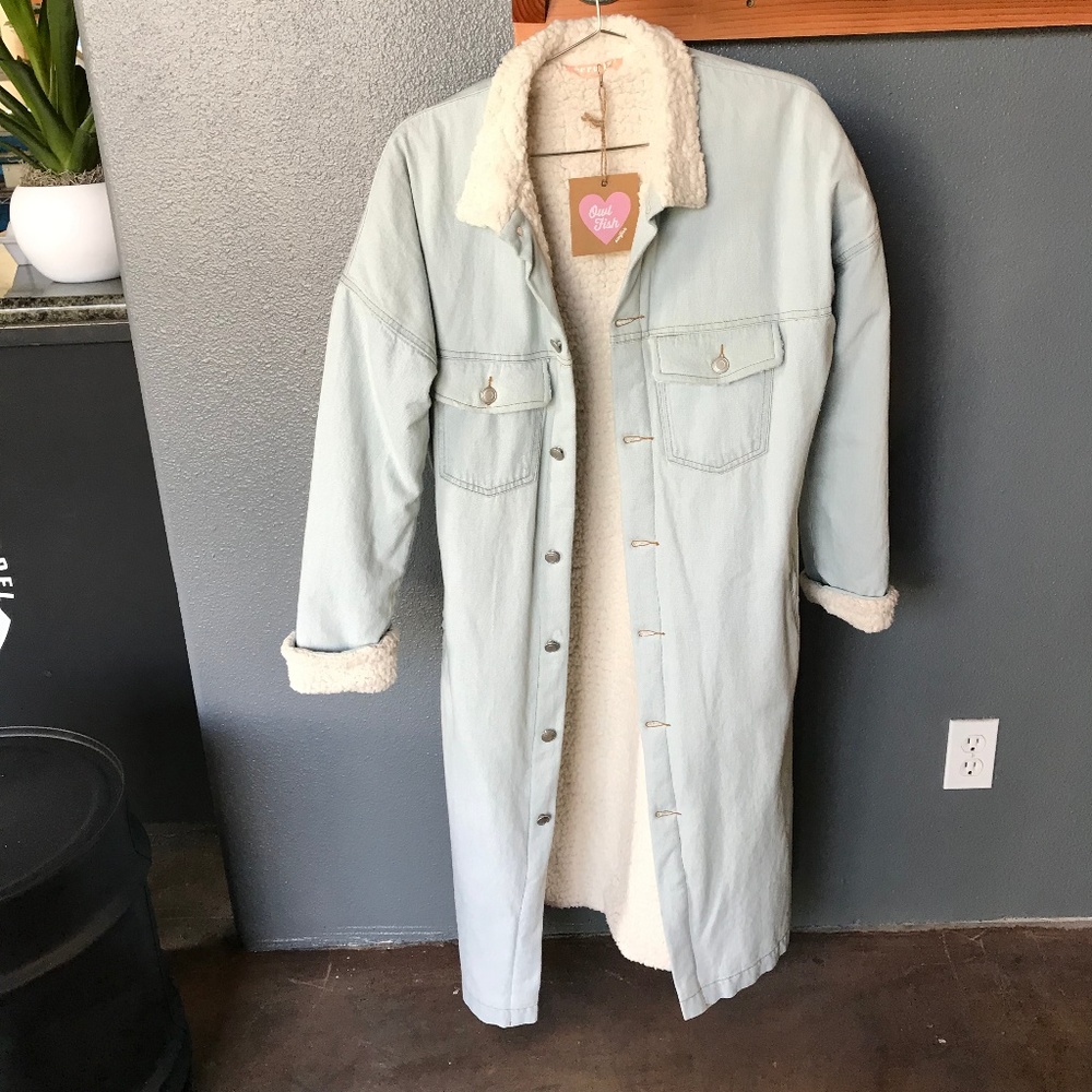 Owl Fish Long Denim Sherpa-Lined Coat NWT